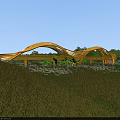 Golden Arched Bridge Design in Scenic Park with Greenery and Water