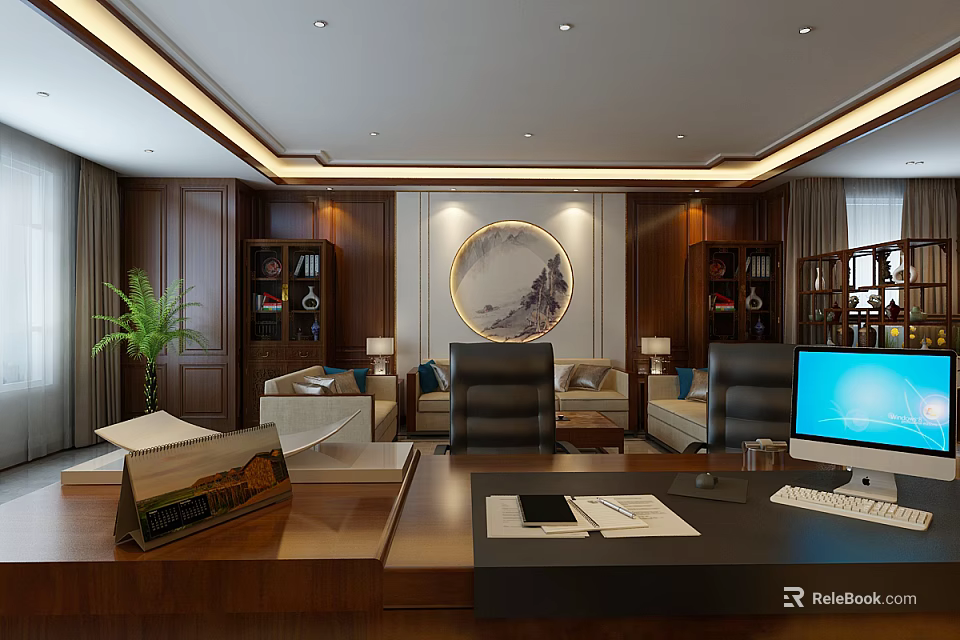 Elegant Modern Office With Wooden Cabinets Desk Computer Sofa Decorative Painting And Green Plant 3d model 