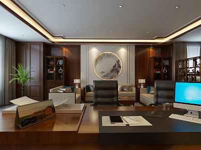 Elegant Modern Office With Wooden Cabinets Desk Computer Sofa Decorative Painting And Green Plant 3d model