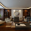 Elegant Modern Office With Wooden Cabinets Desk Computer Sofa Decorative Painting And Green Plant