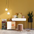 Dressing Table With Round Mirror Hanging Lights Book Stack And Pink Stool On Yellow Wall 3d model