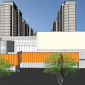 Modern Sales Office Building With Orange Facade Glass Curtain Wall And Urban High Rise Background