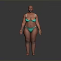 Bald Curvy Woman In Green Bikini Standing Full Body Against Gray Background