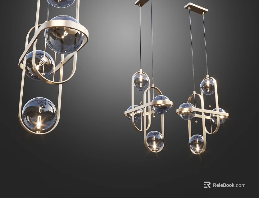 Modern Pendant Lights Featuring Metal Geometric Frame and Glass Globes 3d model 