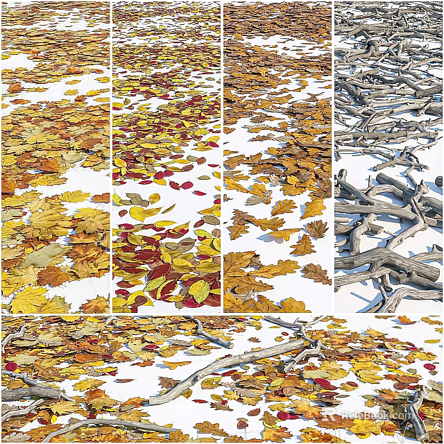 Natural Stone And Wood Elements With Colorful Fall Leaves For Decorative Design 3d model 