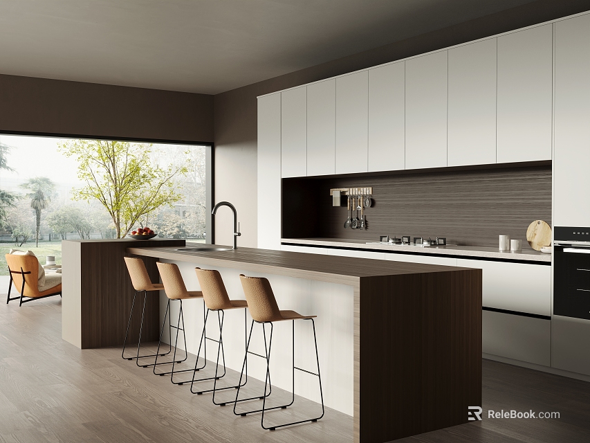 Modern Kitchen Interior Design With Island Counter Stools And White Cabinets 3d model 
