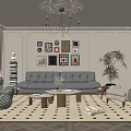 Classic Living Room Interior With Gray Sofa Wall Art Chandelier And Area Rug