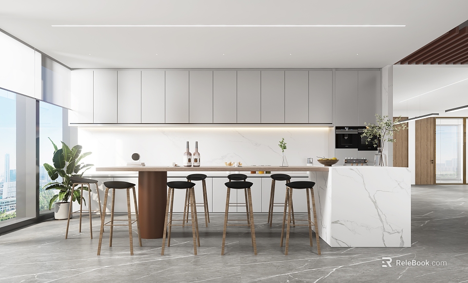 Modern Break Room Interior With White Cabinets Marble Bar Counter And Wooden Stools 3d model 