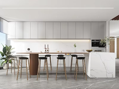 Modern Break Room Interior With White Cabinets Marble Bar Counter And Wooden Stools 3d model