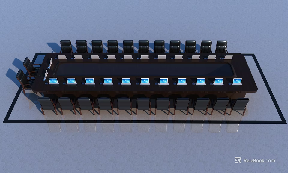 Modern Conference Table With Black Chairs And Blue Coasters On Tabletop 3d model