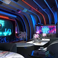 Modern KTV Room With Neon Lights Ceiling Line Design Large Screens Round Table And Chairs