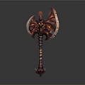 Demonic Fantasy Axe with Red Orange Flame Effects Glowing Core and Decorative Handle Texture