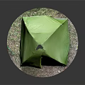 Green Dome Shaped Tent with Yellow Zipper on Gravel Platform against Dark Background and Reflection