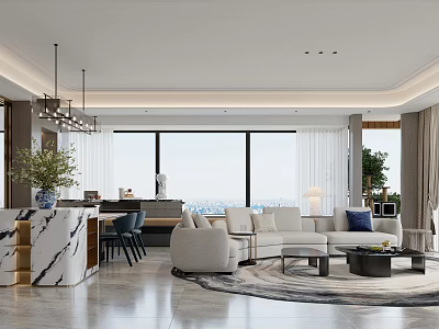Modern Open Concept Living And Dining Room Interior With Marble Counter Sofa And City View 3d model