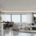 Modern Open Concept Living And Dining Room Interior With Marble Counter Sofa And City View