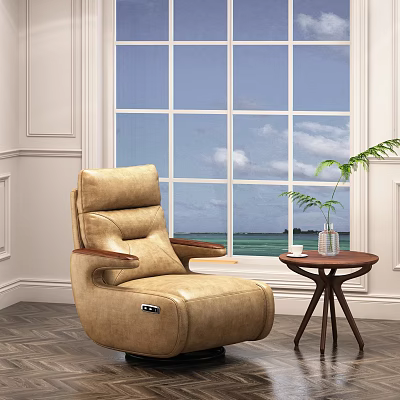 Comfortable Beige Massage Chair by Window with Small Table Green Plant and Ocean View 3d model