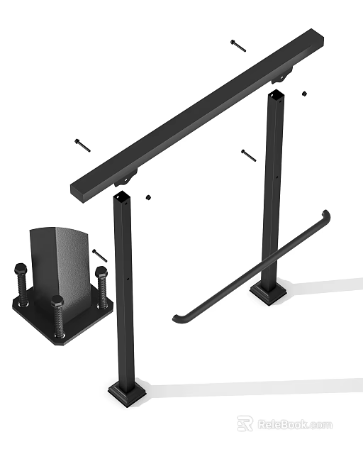 Black Metal Railing Structure With Vertical Posts Mounting Brackets And Bolts 3d model