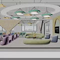 School Modern Activity Lounge With Colorful Sofas Chairs Pendant Lights Windows And Green View