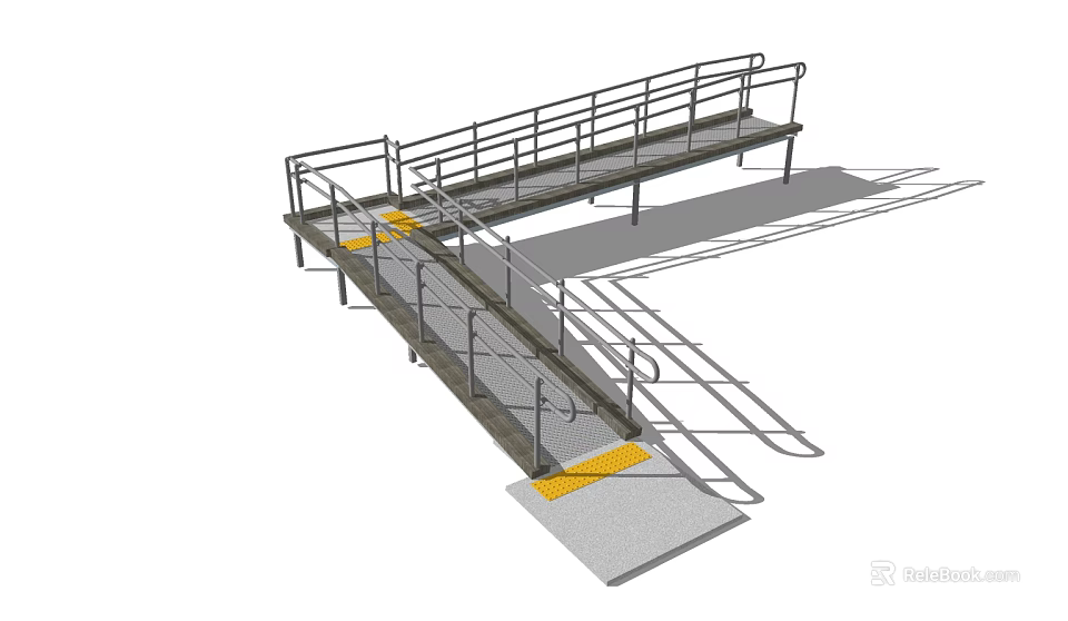Accessible Road Ramp Facility With Metal Handrails Yellow Non-slip Strips And Platform 3d model 