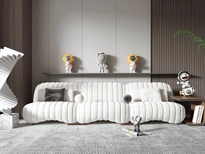 Modern White Multi Person Sofa In Living Room With Astronaut Decor And Green Plant 3d model