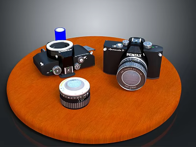 Black Digital Cameras Lenses And Battery On Round Wooden Platform For Photography 3d model