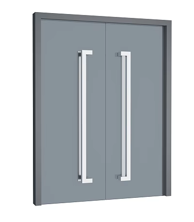 Modern Grey Double Doors With Sleek Silver Metal Handles And Contemporary Panel Design 3d model