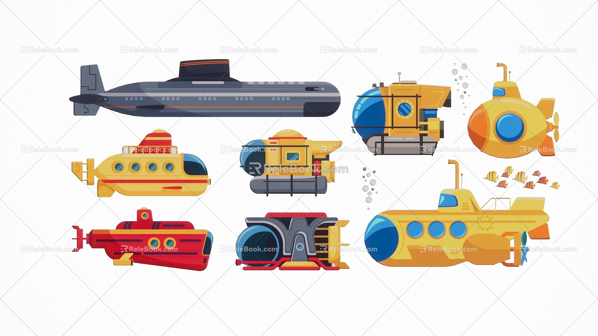 Modern 2D Submarine Submarine Sightseeing Illustration Silhouette model