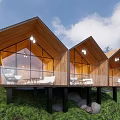 Three Adjacent Rustic Wooden Cabins on Green Grassland With Large Windows and White Sofas