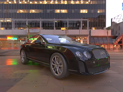 Elegant Black Luxury Car Parked On Urban Street With Modern Buildings And Lights 3d model