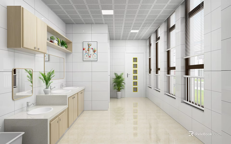 Bright Public Restroom Interior With Wooden Cabinets Sinks And Potted Plants 3d model 