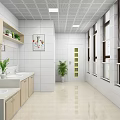 Bright Public Restroom Interior With Wooden Cabinets Sinks And Potted Plants