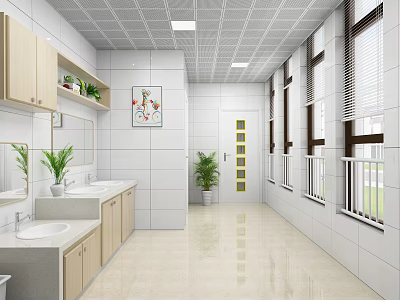 Bright Public Restroom Interior With Wooden Cabinets Sinks And Potted Plants 3d model