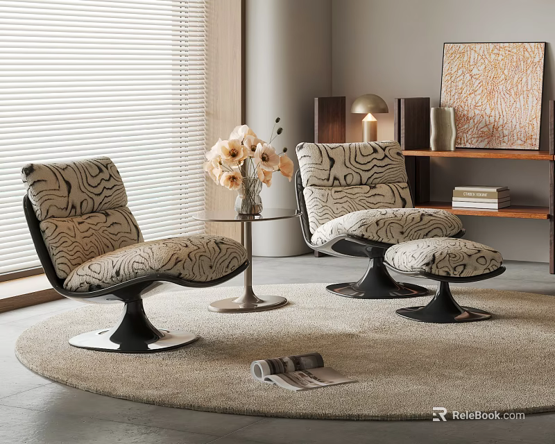 Modern Patterned Accent Chairs With Ottoman On Round Rug And Table With Flowers 3d model 