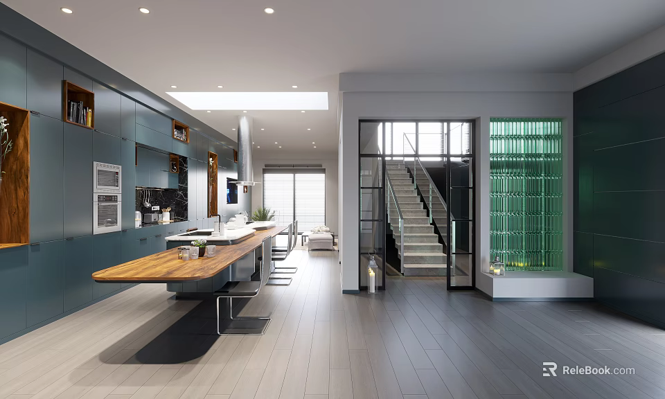 Modern Open Concept Living Dining Area With Wooden Table Floor to Ceiling Windows and Staircase 3d model 