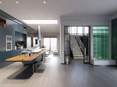 Modern Open Concept Living Dining Area With Wooden Table Floor to Ceiling Windows and Staircase 3d model