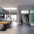 Modern Open Concept Living Dining Area With Wooden Table Floor to Ceiling Windows and Staircase
