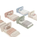 Modern Double Bed Design With Curved Headboard Soft Colors Pillows And Blankets