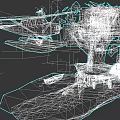 3D Model Scene With Seaplane Tree Cabin Boat And Figures