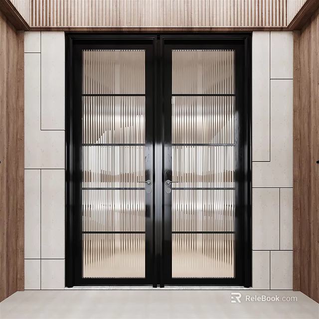 Modern Double Doors With Black Frames Ribbed Glass Panels And White Wooden Walls 3d model 