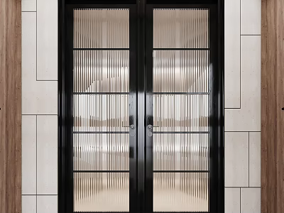 Modern Double Doors With Black Frames Ribbed Glass Panels And White Wooden Walls 3d model