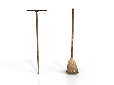 Traditional Cleaning Tools With Wooden Handles Mop And Broom For Home Use 3d model