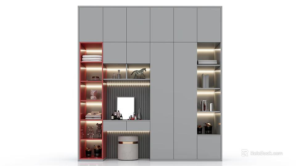 Modern Dressing Table With Gray Cabinet Mirror Red Storage Shelves And Lighting 3d model