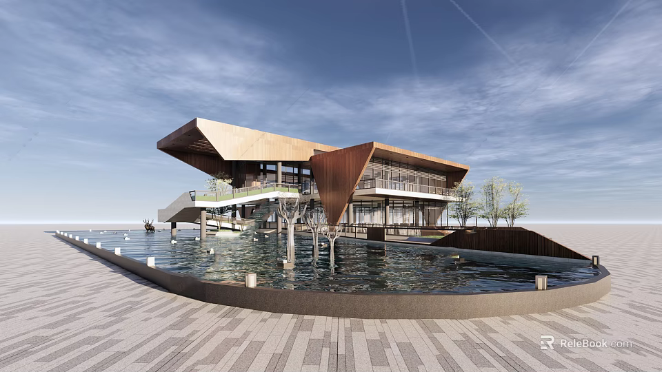 Modern Waterfront Architectural Design With Open Structure Glass Walls And Water Views 3d model 