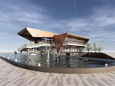 Modern Waterfront Architectural Design With Open Structure Glass Walls And Water Views 3d model