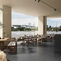 Modern Cafe Interior With Black Counter Stone Decor Potted Plant And Display Case