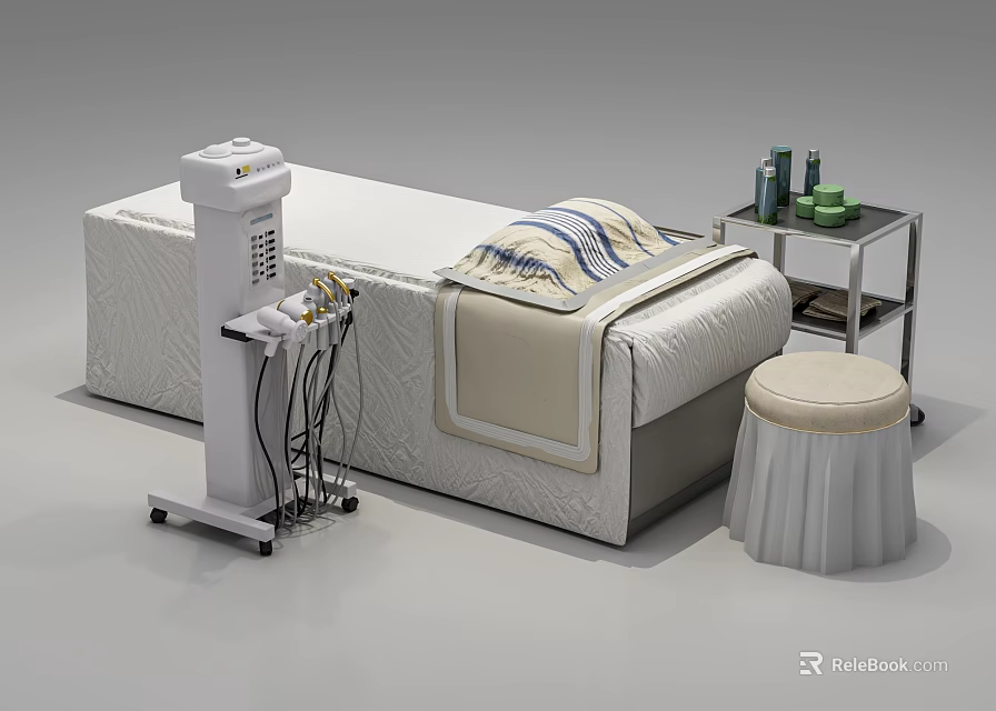 Professional Massage Bed Setup With Equipment Cart Stool And Towel On Table 3d model 