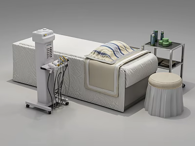 Professional Massage Bed Setup With Equipment Cart Stool And Towel On Table 3d model