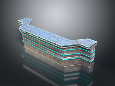 Modern Metallic Reception Desk With Layered Structure And Blue Accent Lines 3d model