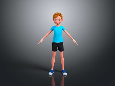 3D Child With Red Hair Blue T-shirt Black Shorts Blue Shoes Standing On Gray Background 3d model