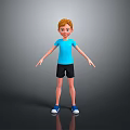 3D Child With Red Hair Blue T-shirt Black Shorts Blue Shoes Standing On Gray Background